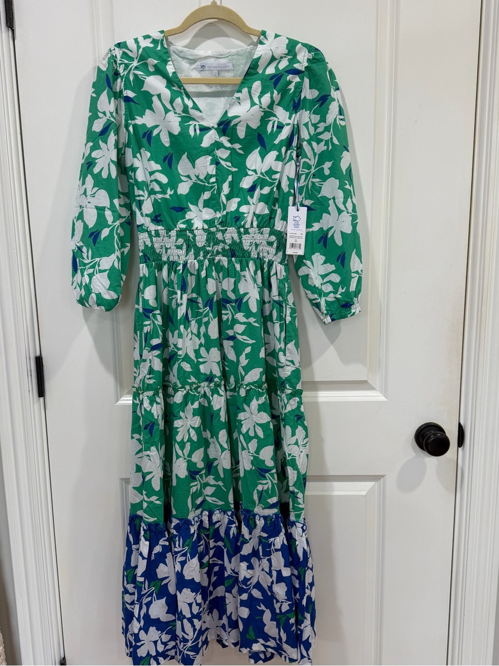 Southern Tide Green and Blue Floral V-Neck Tiered Maxi Dress